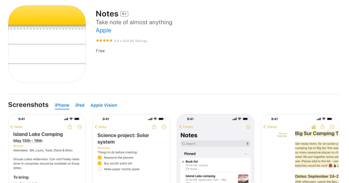 افضل تطبيقات ملاحظات للايفون Apple Notes
