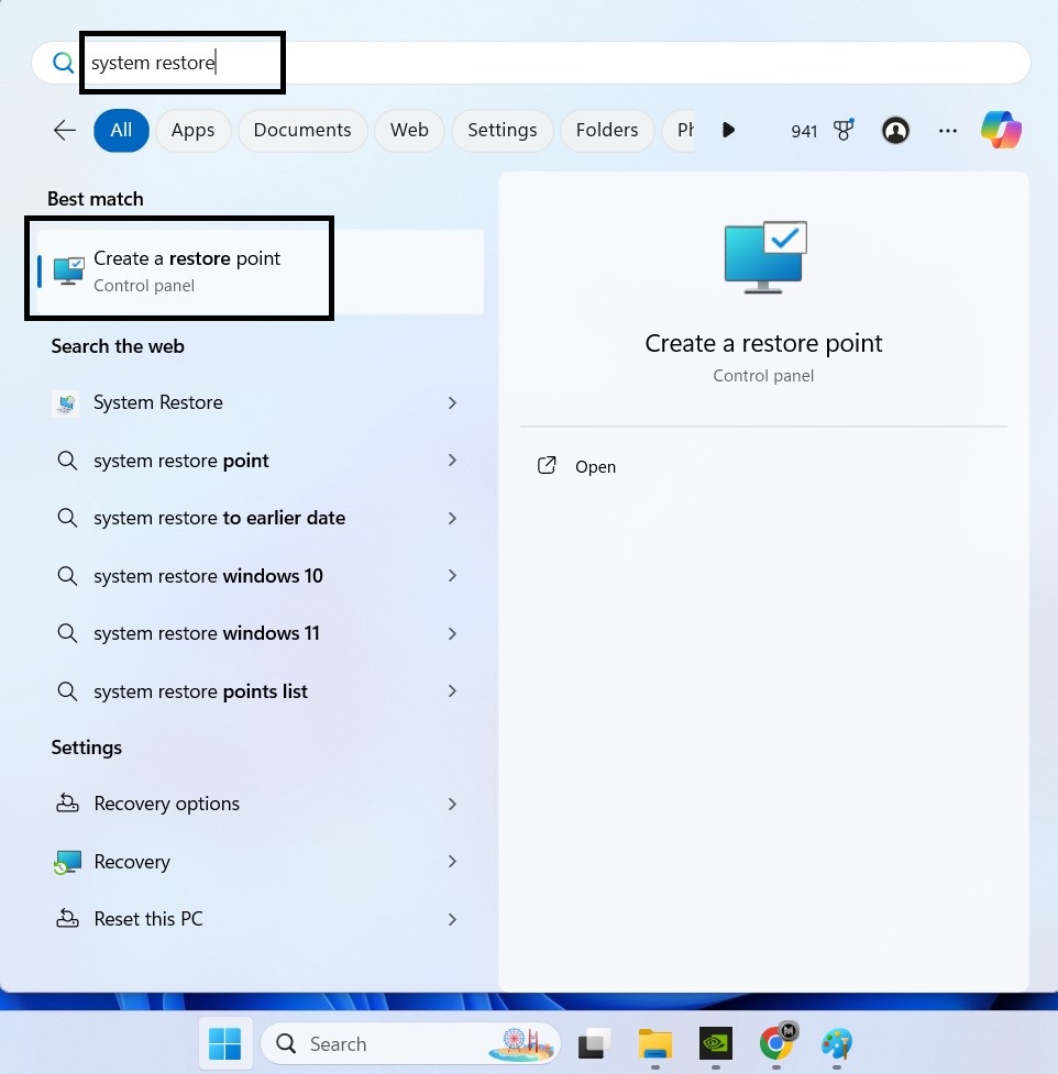 فتح خاصية استعادة النظام system restore