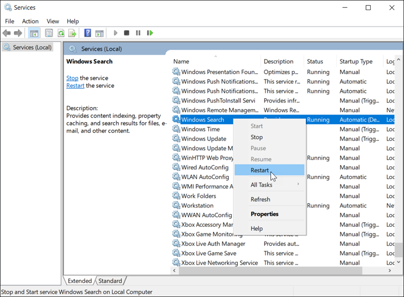 اعادة تشغيل عملية Windows Search