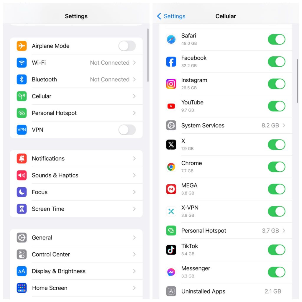 إيقاف تشغيل بعض التطبيقات من أجل تقليل استهلاك البيانات في الايفون