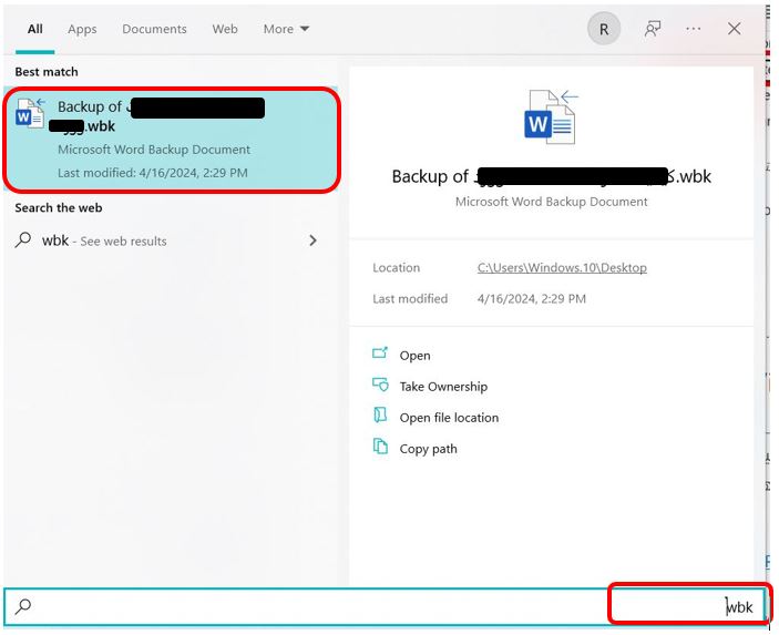 البحث عن ملفات تحمل الامتداد wbk