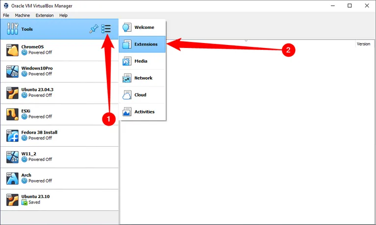 تثبيت حزمة امتدادات VirtualBox