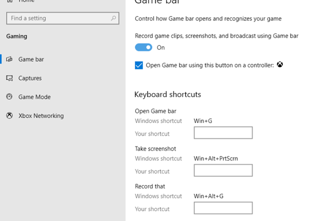 تمكين تصوير الشاشة Game Bar