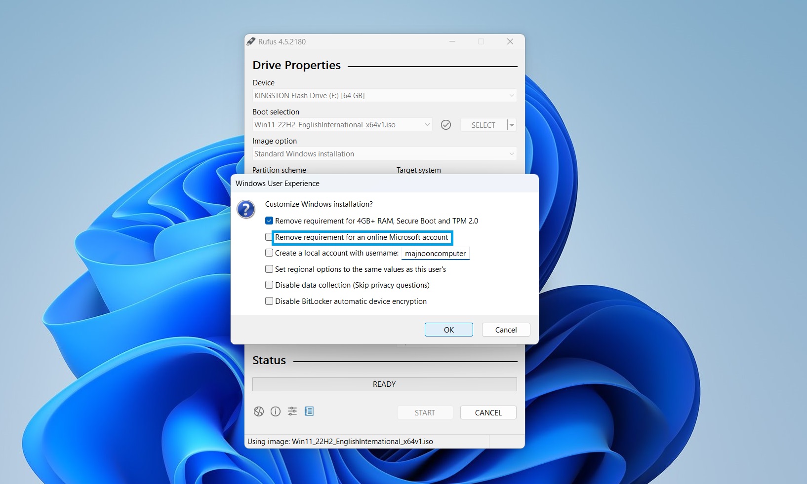 تجاوز متطلبات التثبيت وحساب مايكروسوفت في Rufus
