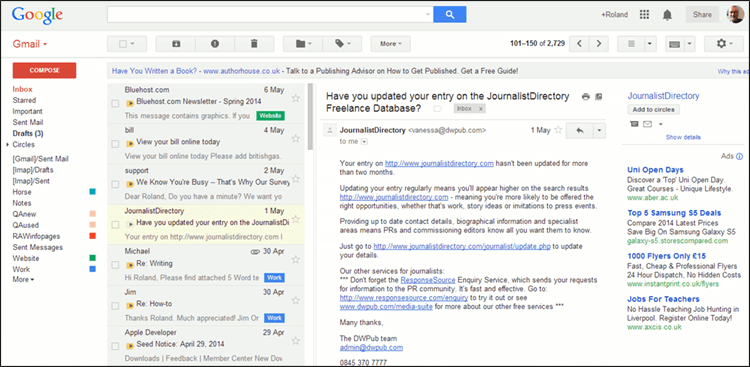 تفعيل معاينة الرسائل داخل جيميل