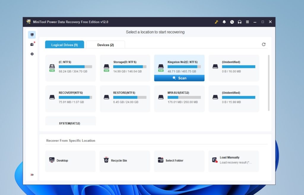واجهة برنامج MiniTool Power Data Recovery Free