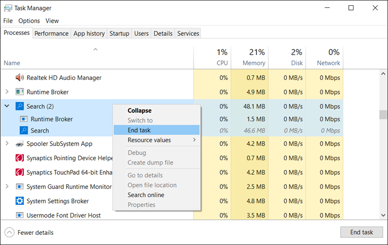 إنهاء عملية Search فى مدير المهام