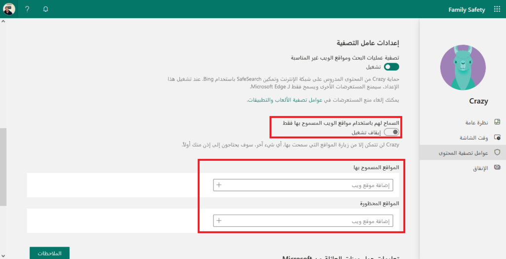 إعدادات عوامل التصفية