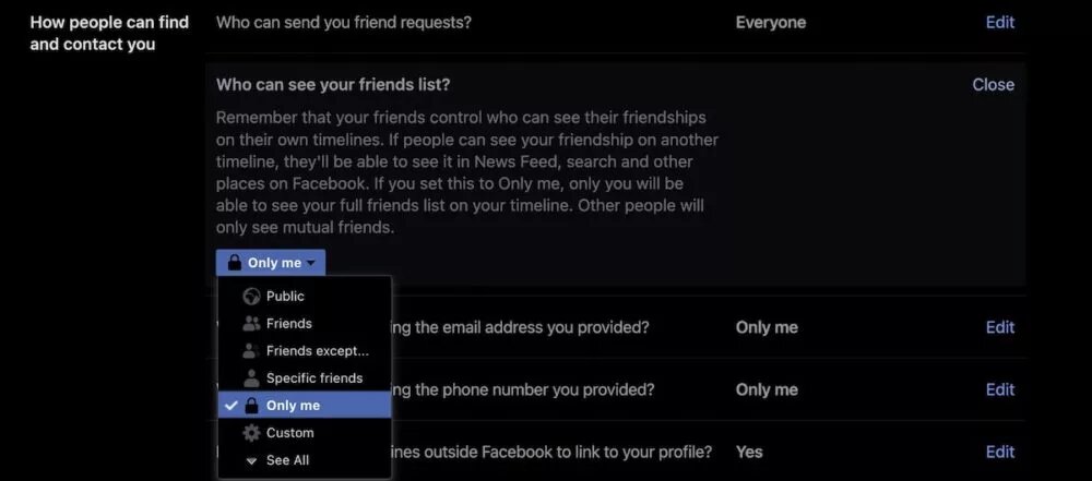 تخصيص إعدادت الخصوصية لإخفاء الاصدقاء