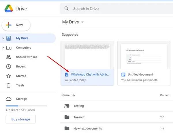 فتح دردشة واتس آب في جوجل درايف