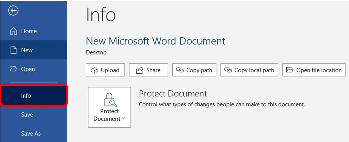 لقطة شاشة للخيار Info من برنامج Microsoft Word