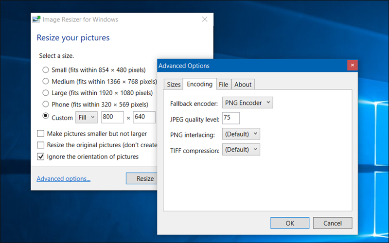 اعدادات اداة Image Resizer