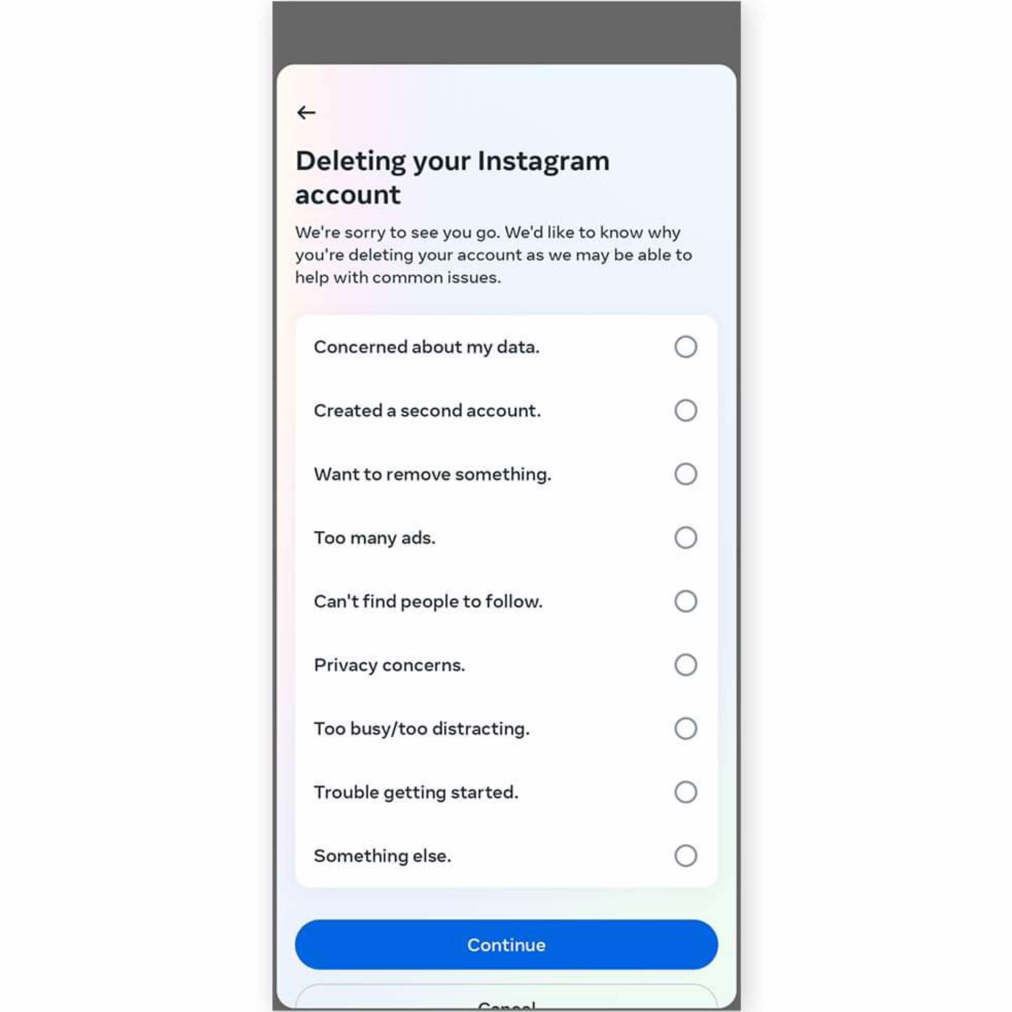 خيار حذف حساب انستقرام