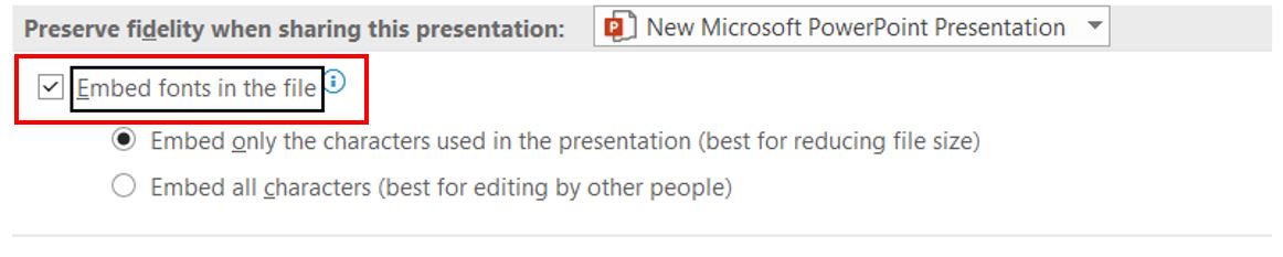 تقليل حجم ملف البوربوينت من خلال خدعة البوربوينت التي هي تأشير الخيار "Embed fonts in the file"