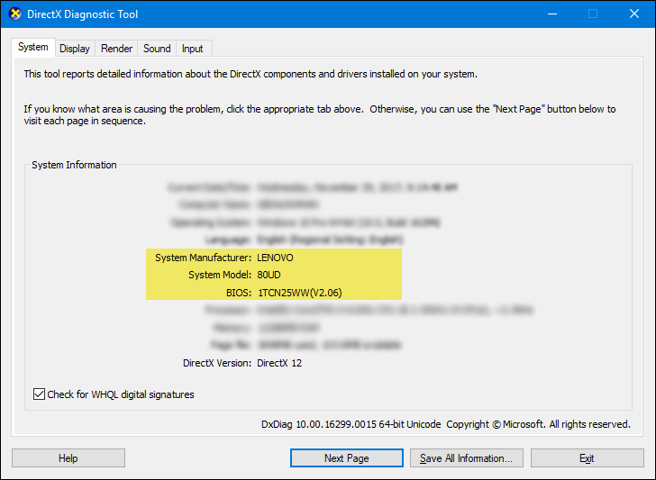 اداة dxdiag لمعرفة موديل جهازك