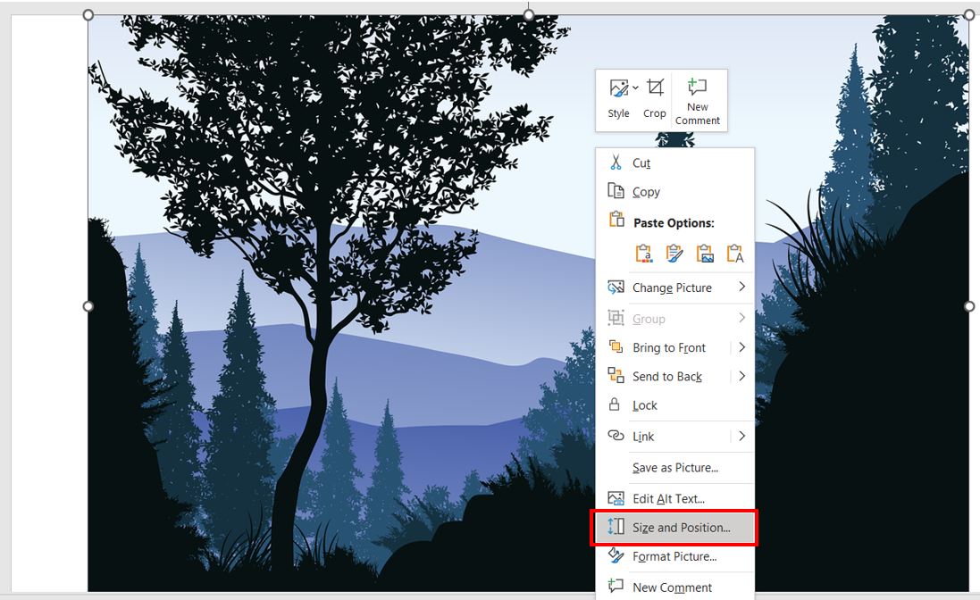 خيار الحجم والموضع "Size and position"