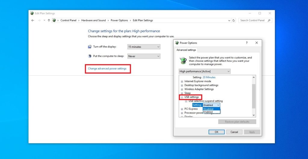 إعداد الطاقة تعليق انتقائي لـ USB