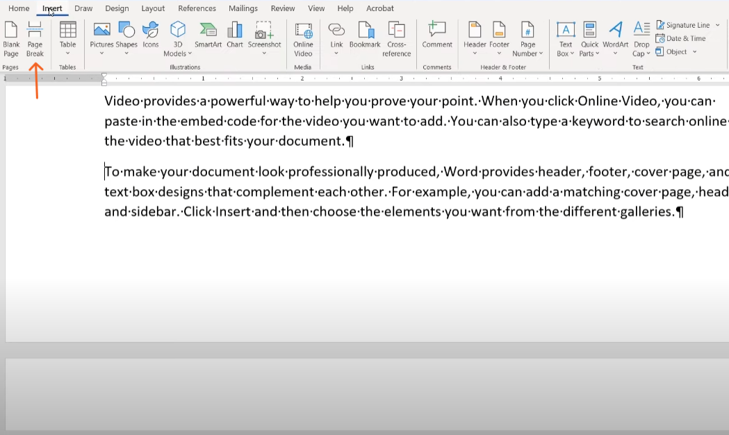 إضافة فاصل للصفحة في وورد
