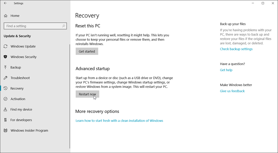 الإقلاع للإعدادات المتقدمة