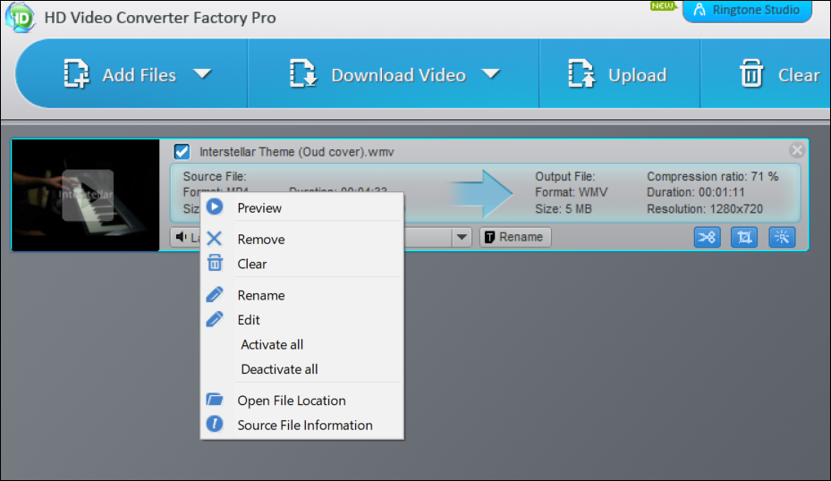 قائمة الخيارات في HD Video Converter Factory
