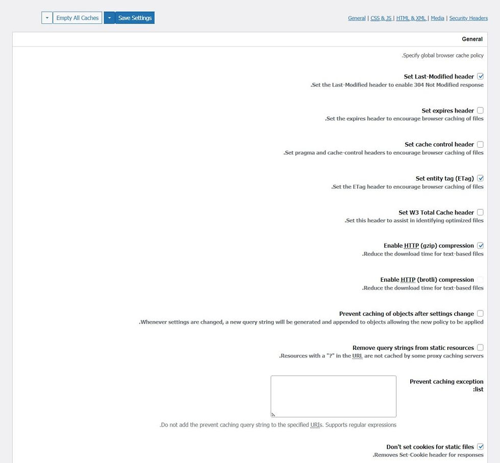 بعض خيارات التخزين المؤقت في المتصفح في إضافة W3 Total Cache