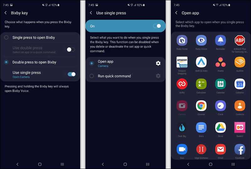فتح تطبيق بعد الضغط على Bixby