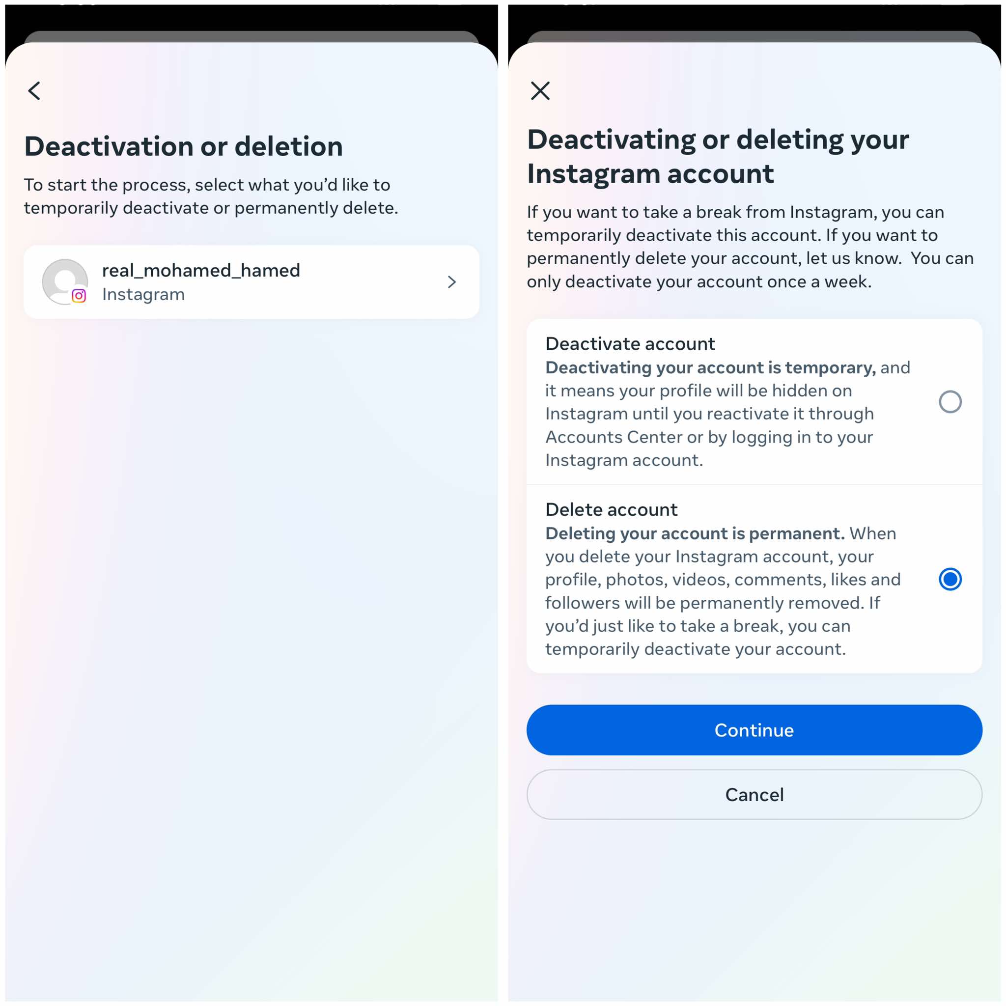 خيار حذف أو تعطيل الحساب