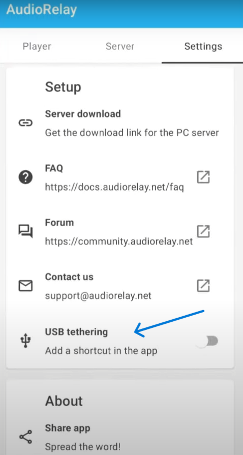 اعدادات برنامج AuidoRelay usb tethering