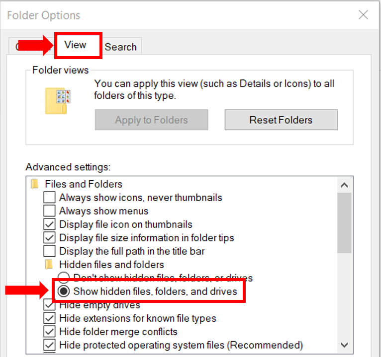 إظهار الملفات أو المجلدات أو برامج التشغيل المخفية لحذف الملفات الكبيرة في ويندوز