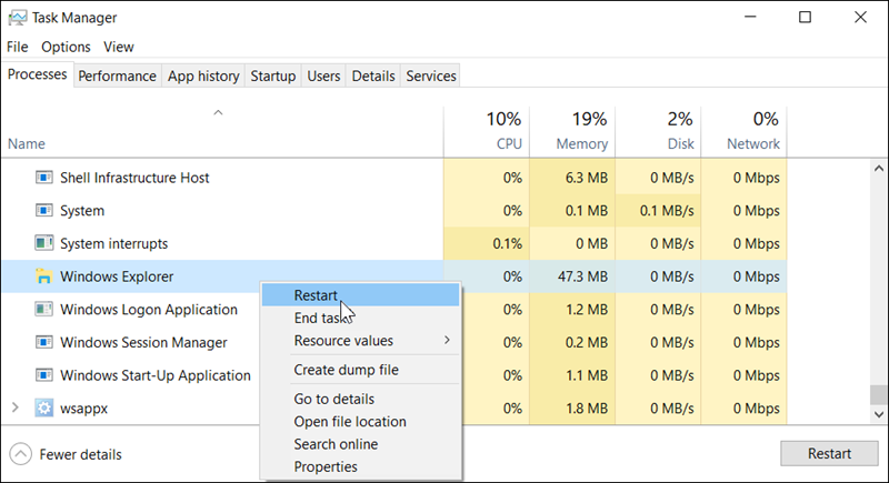 إعادة تشغيل Windows Explorer