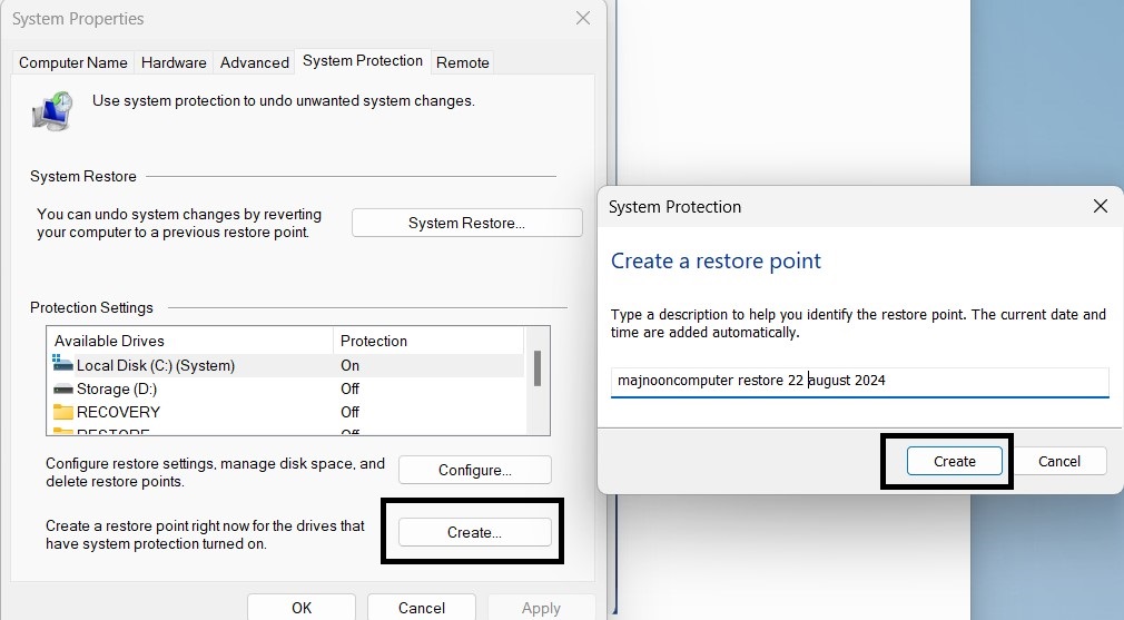 إنشاء نقاط استعادة نظام ويندوز يدوياً