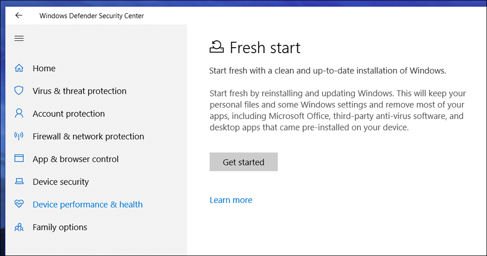 ميزة Fresh Start