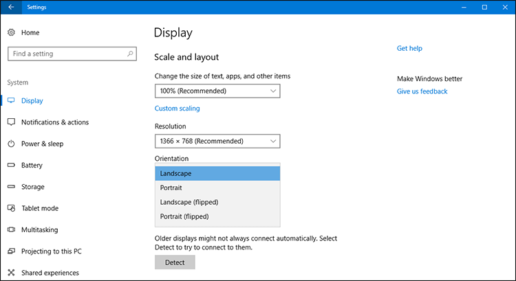 اعدادات تدوير وعرض الشاشة فى ويندوز 10