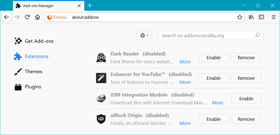 تعطيل إضافات فايرفوكس