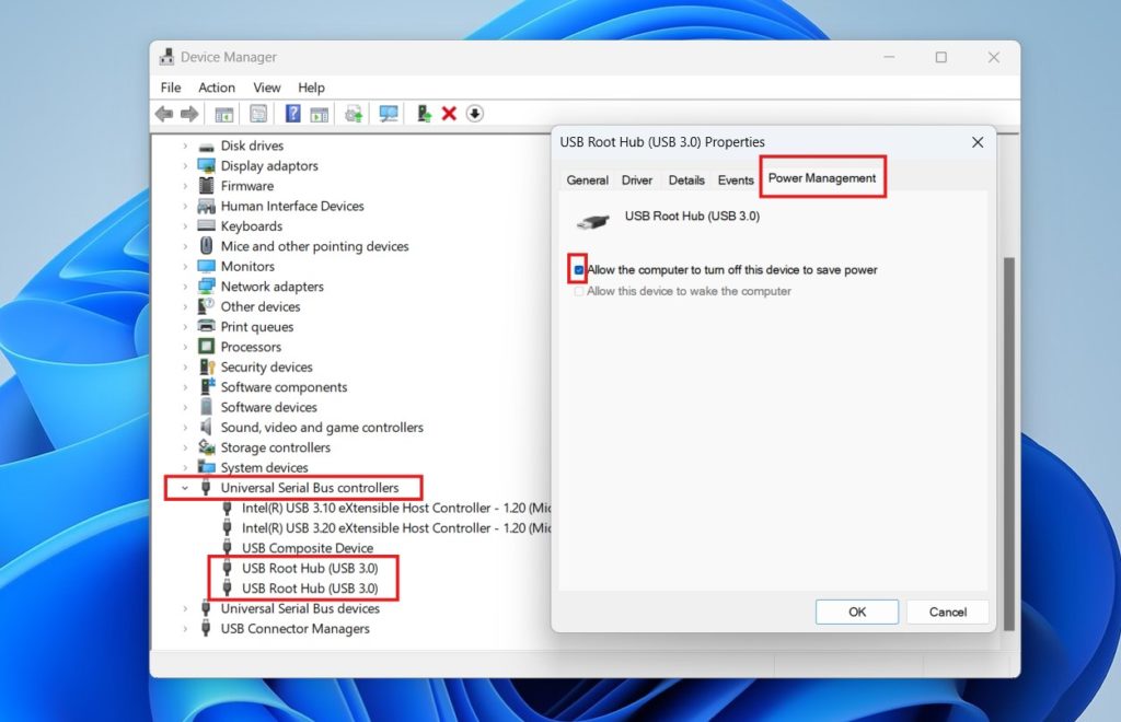 تعطيل خيار توفير الطاقة لمنافذ USB