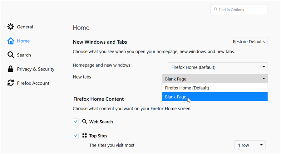 إعدادات التبويب فى فايرفوكس