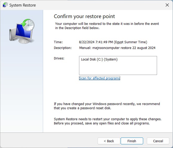 تاكيد استعادة النظام ويندوز من نقطة سابقة