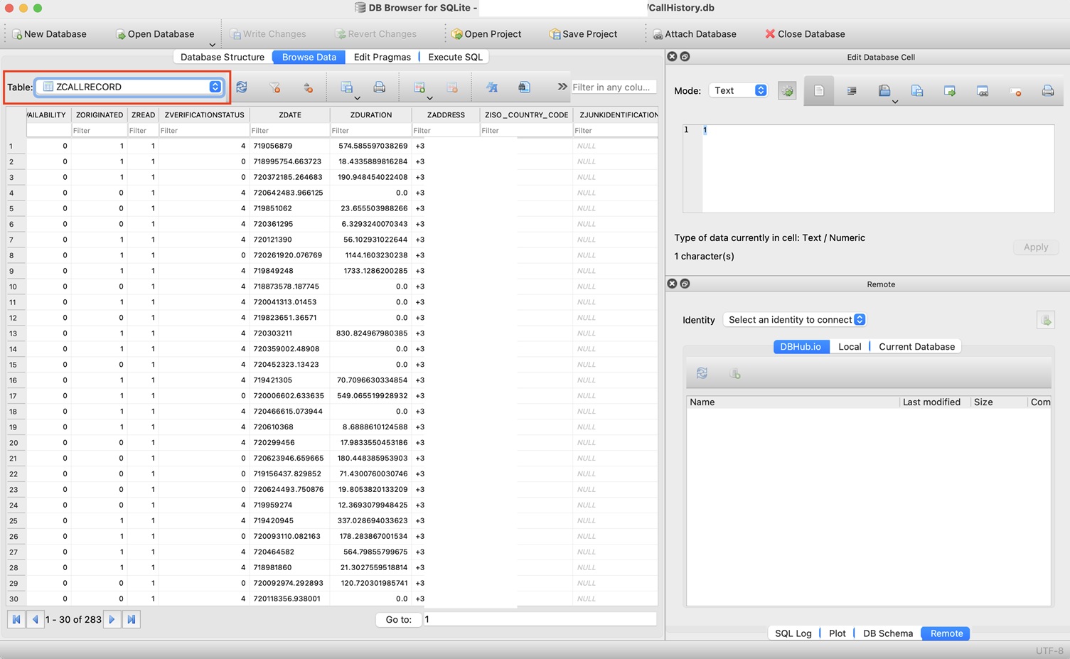 عرض سجل مكالمات ايفون ZCALLRECORD table