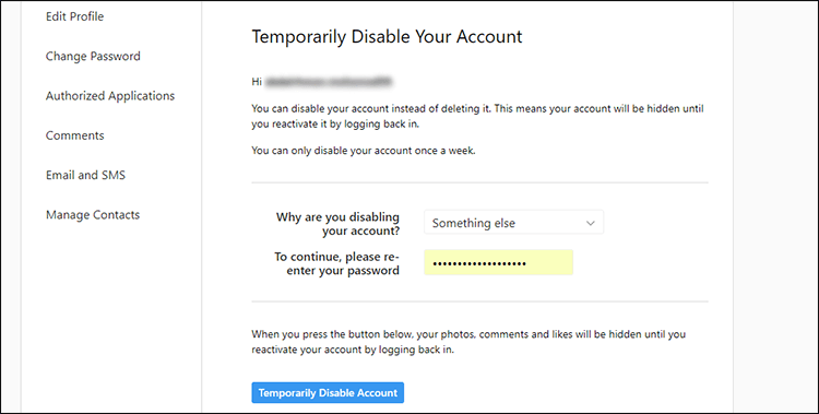 تعطيل حساب انستجرام مؤقتاً