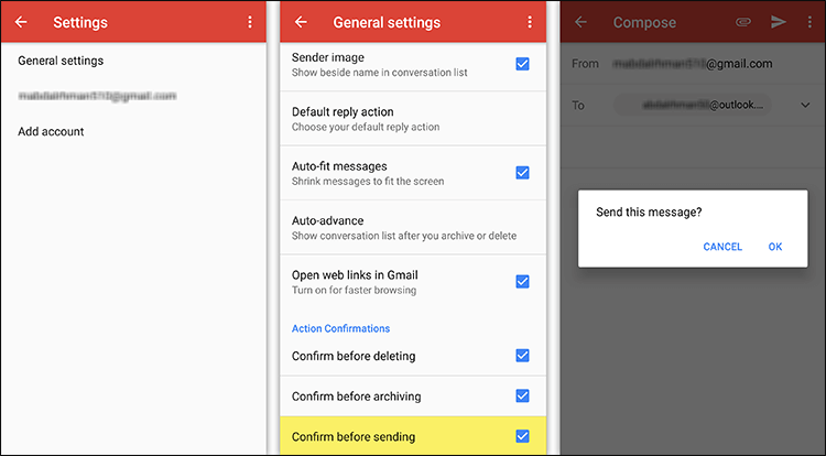 تفعيل خيار Confirm before sending