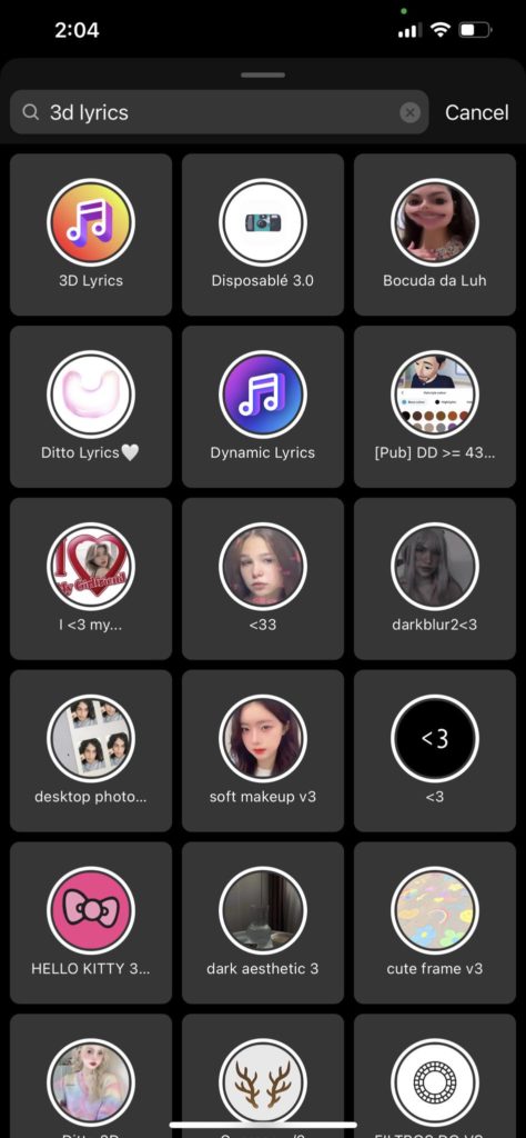 اختيار 3D Lyrics من قائمة التأثيرات على الانستقرام