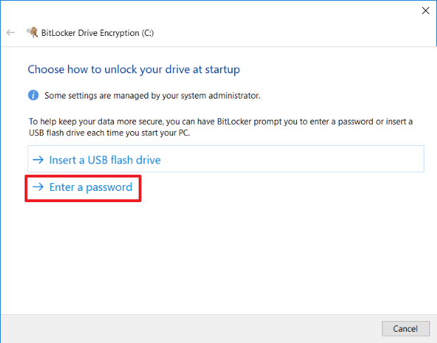 bitlocker setup Enter a password