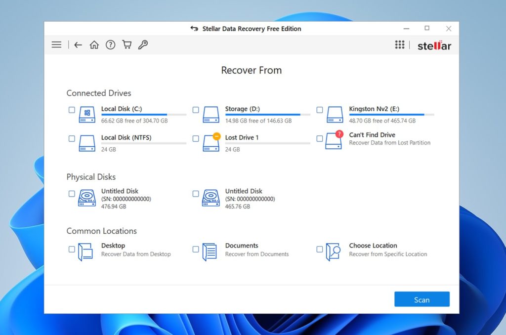 واجهة برنامج Stellar Data Recovery Free Edition