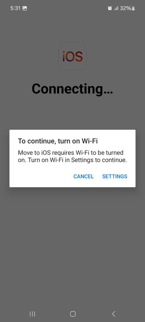 Move To iOS فشل الاتصال