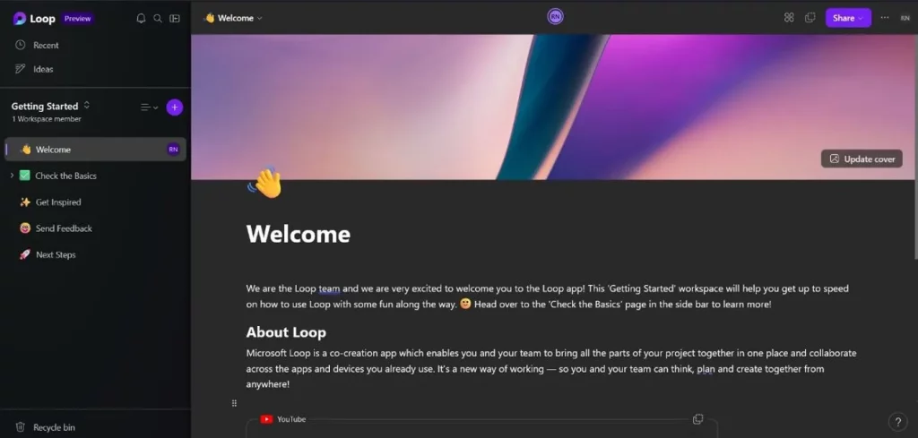 اللوحة الرئيسية ل Microsoft Loop