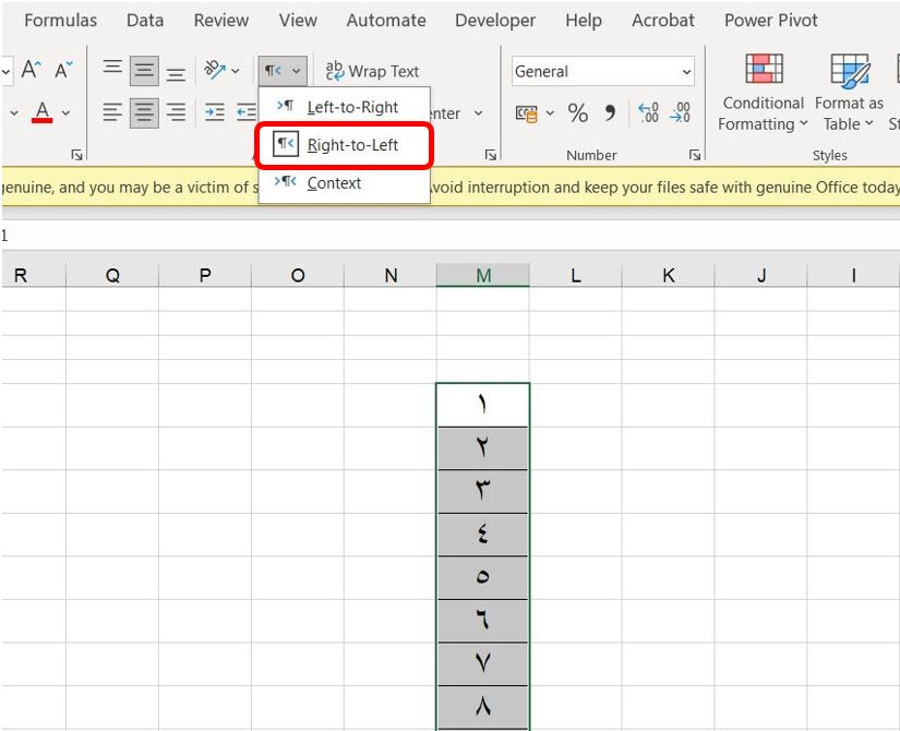 الخيار "Right to Left" لتحويل الأرقام في اكسل من الانكليزية إلى العربية
