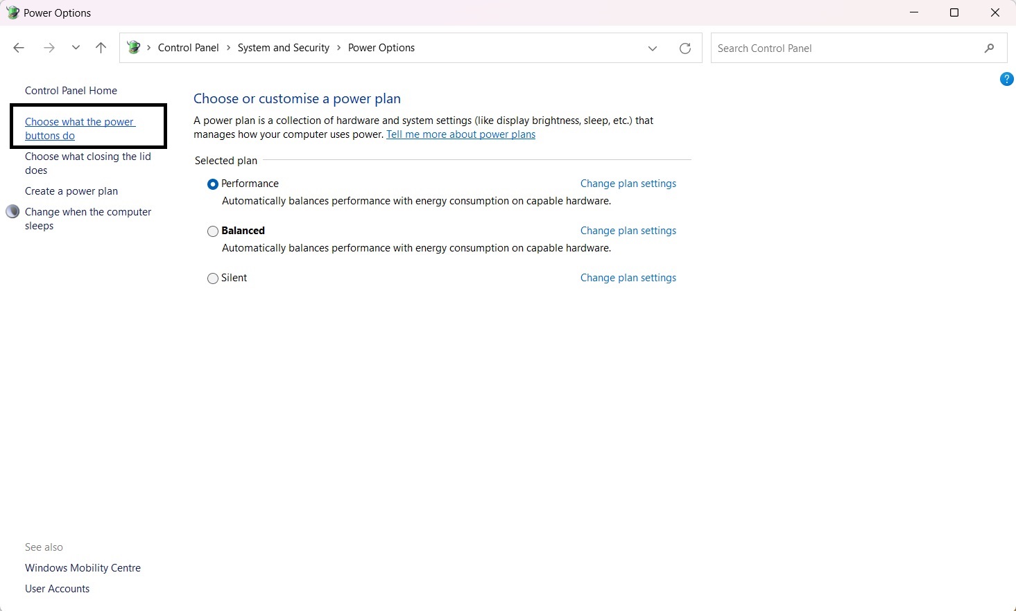 لوحة التحكم اعدادات زر الطاقة ويندوز