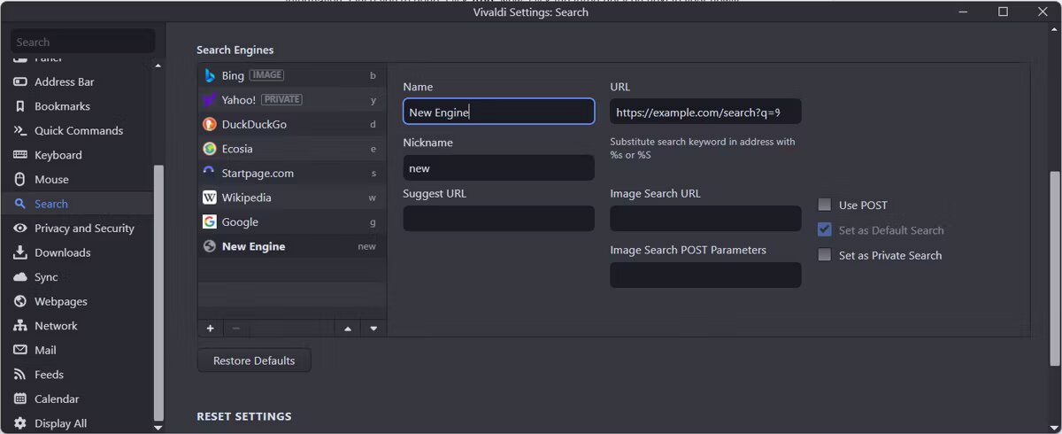 تعيين محرك بحث إفتراضي مختلف في Vivaldi