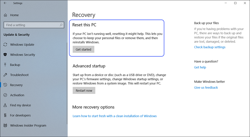 إعادة ضبط ويندوز 10