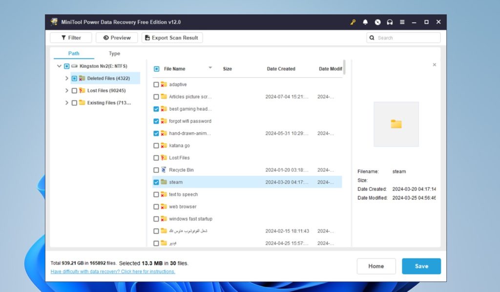 فحص البيانات المفقودة minitool power data recovery